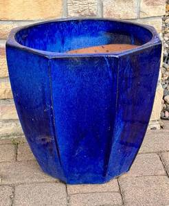 lot 186D image: SY - Large Blue Glazed Ceramic Planter 19 x 17.5 Inches