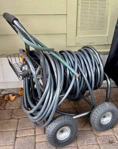 lot 189D image: SY - Heavy Duty Metal Garden Hose Reel Cart with Large Wheels and Hose