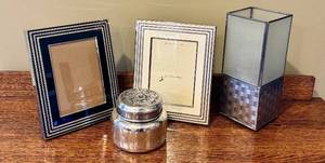 lot 272D image: LR - Home Decor Collection with 2 Silver Picture Frames, Glass Candle Holder, and Anthropologie Candle