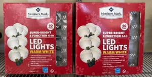 lot 314D image: 2 Boxes Members Mark Super-Bright 8 Function G40 LED String Lights Warm White 60 Count