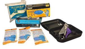 lot 501R image: BC - Salon Supplies Lot with Brushes, Disposable Gloves, Foil Sheets, Plastic Caps and More