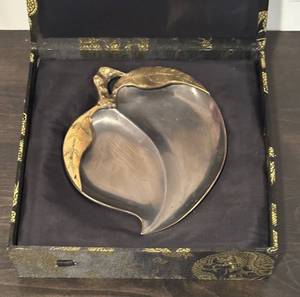 lot 700R image: LL  - Vintage Leaf Shaped Metal Serving Dish with Brass Accents from Hong Kong