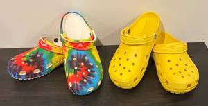 lot 704R image: LL  - 2 Pairs of Crocs Tie-Dye and Yellow Clogs Size 11