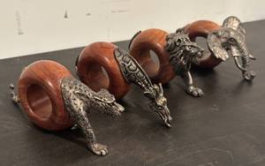 lot 707R image: LL  - Set of 4 Wood and Metal Animal Motif Napkin Rings