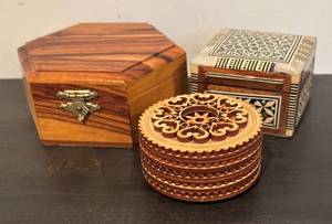 lot 709R image: LL  - Set of 3 Decorative Wooden and Inlay Trinket Boxes