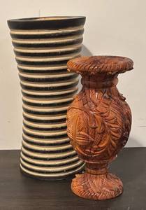 lot 735R image: LL  - Set of 2 Wooden Vases Including Striped and Hand-Carved Leaf Design