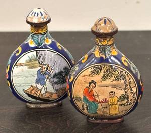 lot 736R image: K - Pair of Vintage Hand-Painted Ceramic Snuff Bottles