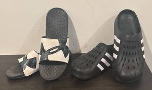 lot 745R image: LL  - Adidas and Under Armour Size 11 Slide Sandals and Clogs