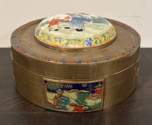 lot 755R image: LL  - Vintage Brass Trinket Box with Enamel Painted Scenes