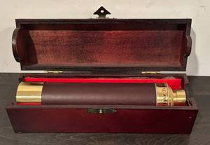lot 759R image: LL  - Antique Style Brass and Leather Telescope with Wooden Box