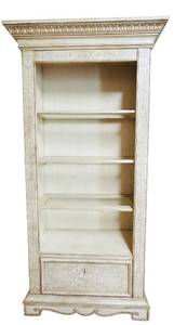 lot 212C image: BS - Tall Cream Wood Bookcase with Ornate Carved Details and Drop-Down Door
