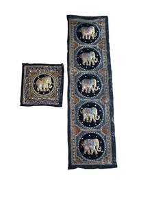 lot 227C image: LR - Embroidered Elephant Textile Wall Hangings Set, 65-Inch Runner and Square Panel