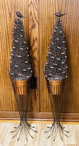 lot 404C image: LR - Pair of 42-Inch Metal Topiary Sculptures with Bird Accents