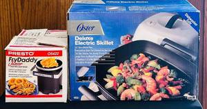 lot 408C image: ENT - Presto FryDaddy Junior Deep Fryer and Oster Deluxe Electric Skillet Set