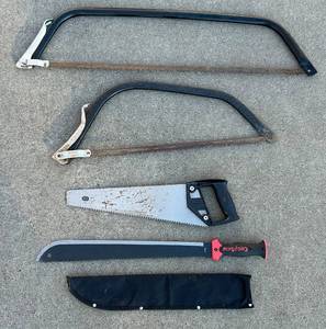 lot 467C image: G - Lot of 4 Hand Saws Including Bow Saws, Machete, and Hand Saw