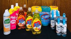 lot 726C image: MB - Household Cleaning Supply Lot with Brillo, Clorox, Pink Stuff, Lint Rollers, and More