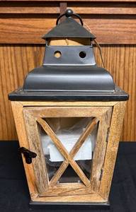 lot 728C image: BS - Wood and Glass Lantern with Black Metal Top