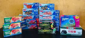 lot 772C image: DR - Assorted Food Storage and Trash Bags Collection Including Ziploc, Handi-Wrap, Our Family, Go Green, and More
