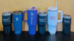 lot 778C image: MB - Set of 6 Insulated Travel Tumblers - Milwaukee, Hydro Flask, Vikings, Bass Pro Shops