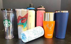 lot 680H image: K - Collection of 7 Assorted Thermal Tumblers and Water Bottles Including Hydro Flask, Camelbak, and Starbucks