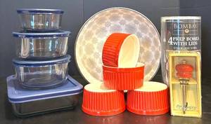 lot 681H image: K - Kitchen Storage and Serveware Lot with Pfaltzgraff Bowl, Pyrex, Anchor Hocking, Red Ramekins, and Bombay Prep Bowls