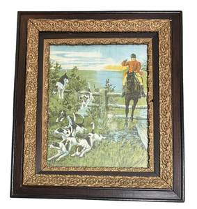lot 950R image: BR - Vintage Framed Print of Hunt Scene with Dogs and Rider