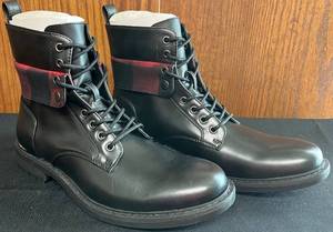 lot 600N image: BR - Unlisted Mens Black Leather Lace-Up Boots Size 10.5 with Red Plaid Accent