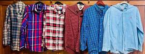 lot 42C image: MB - Set of 6 Mens Long Sleeve Plaid and Solid Button-Down Shirts - Size Large