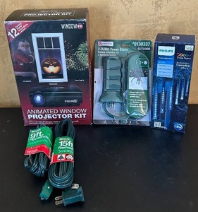 lot 59C image: LR - Holiday Window Projector Kit, Outdoor Power Accessories and LED Icicle Lights Bundle