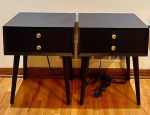 lot 163C image: ENT - Pair of Modern Black Wood Nightstands with Drawers and Built-In Outlets