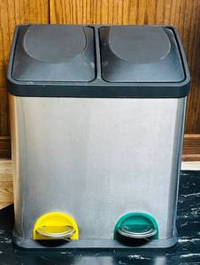 lot 170C image: BS - Dual Compartment Stainless Steel Recycling and Trash Bin with Pedal Lids