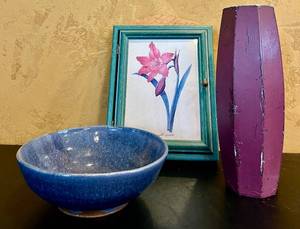 lot 840C image: LR - Decor Collection with Signed Blue Pottery Bowl, Tall Purple Vase, and Floral Key Cabinet