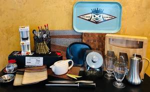 lot 842C image: K - Large Kitchenware Collection with Sango Avanti Plates, Flatware Set, Misto Olive Oil Sprayer, Trays, and Accessories