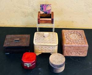lot 912C image: LR - Collection of 6 Handcrafted Wooden Boxes Various Shapes and Designs