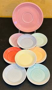 lot 913C image: LR - Royal Doulton 1815 and Fiesta Porcelain Saucer Set, Assorted Pastel Colors, Largest 6 Inch Diameter