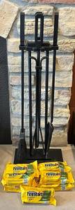 lot 914C image: LR - 5-Piece Black Fireplace Tool Set with 6 Duraflame Firestart Packs, 29 Inch Height