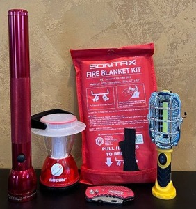 lot 917C image: LR - Emergency Preparedness Set with Fire Blanket, 14.5in Flashlight, Lantern, Utility Light, and Folding Knife