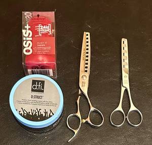 lot 921C image: BS - Lot of Hair Texturizing Scissors with Hair Styling Products