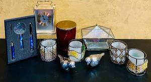 lot 924C image: K - Mixed Decor Collection West Germany 5in Quartz Clock, Desk Set, Candle Holders, and More