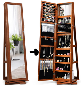 lot 53 image: DORTALA 360 Rotating MirroredJewelry Cabinet,2-in-1 Lockable Large Capacity Jewelry Organizer, Inside Makeup Mirror, 78 Ring Slots, 24 Necklace Hooks, 120 Earring Slots, Brown (Broken Mirror)