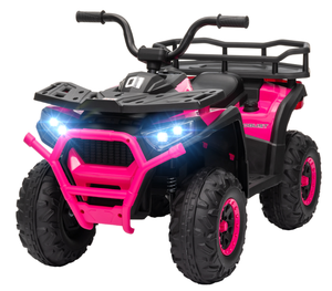 lot 64 image: Qaba 12V Kids ATV, 4 Wheeler Quad w 4 Spring Suspension Wheels, LED Lights, Music USB, Pink (Maybe Missing Hardware)