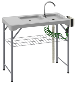 lot 65 image: Outsunny Folding Fish Cleaning Table with Sinks, Portable Camping Sink Table with Faucet, Drainage Hose, Sprayer, Shelf, Drawer and Storage Basket, Outdoor Fillet Table for Picnic Beach Patio, Gray