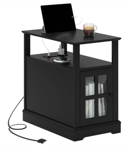 lot 73 image: HOMCOM Narrow Side Table End Table with Charging Station, USB Ports, Modern End Table with Storage for Living Room, Black 14 W x 23.6 D x 23.6 H (Transit Damage, See Photos)