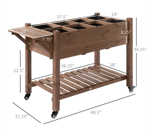 lot 251 image: Outsunny Wooden Garden Box, 34.25H with 8 Pockets and Lockable Wheels, Foldable Side Clapboard, Elevated and Self-Draining Design, to Grow Herbs, Vegetables, and Flowers, Brown