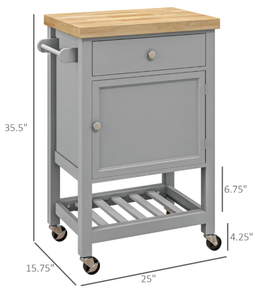 lot 252 image: HOMCOM Kitchen Island on Wheels, Rolling Kitchen Cart with Rubberwood Top, Drawer, Wine Rack and Cabinet, Gray