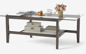 lot 308 image: Costway 42 Inch Rectangular 2-Tier Glass Coffee Table with Storage Shelf