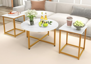 lot 416 image: COSTWAY Coffee Table Set of 3, Round Faux Marble Coffee Table and 2 Square End Side Tables with Metal Frame, Modern 3-Piece Living Room Tables Set for Small Space, Apartment (White & Gold)
