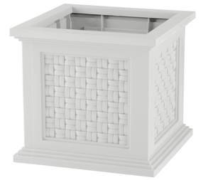 lot 451 image: Pure Garden Rattan Style Outdoor Planter Box - 14.65-Inch-Square Decorative Flower or Plant Pot - Garden, Patio and Front Porch Decor by Pure Garden (White)