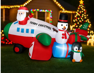 lot 454 image: BreeBe - Lighted 9FT Christmas Helicopter Inflatable with Santa Claus and Penguin - Multicolor