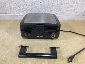 lot 447 image: KRUPS 4-Slice Belgian Waffle Maker Stainless Steel, 5 Browning Levels, Audible Ready Beep, Removable Plates, 1200W, SilverBlack, Large Waffle Maker Family Size, Great for Family Breakfasts